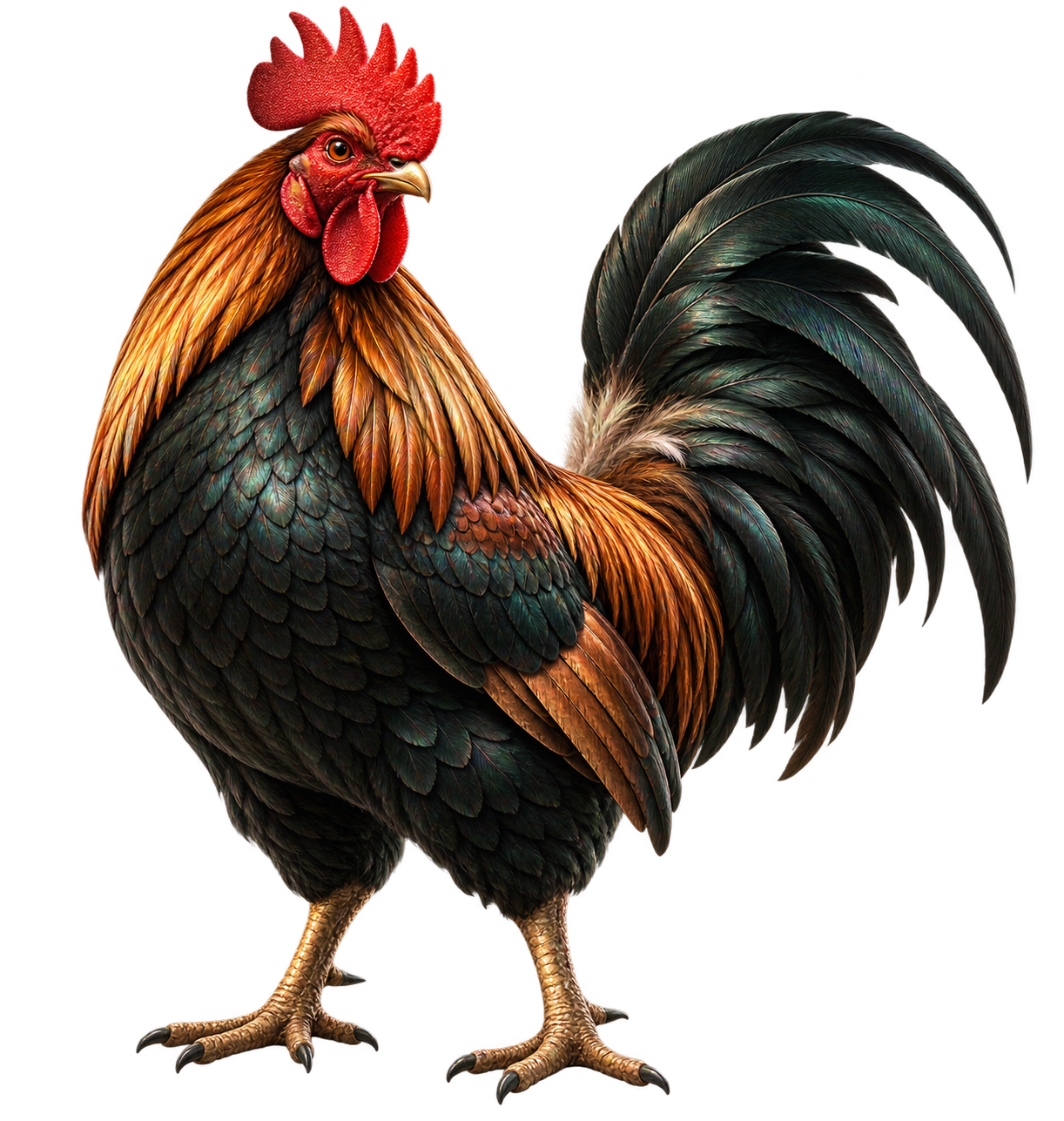 A copper-feathered bantam rooster with a sweeping dark tail.