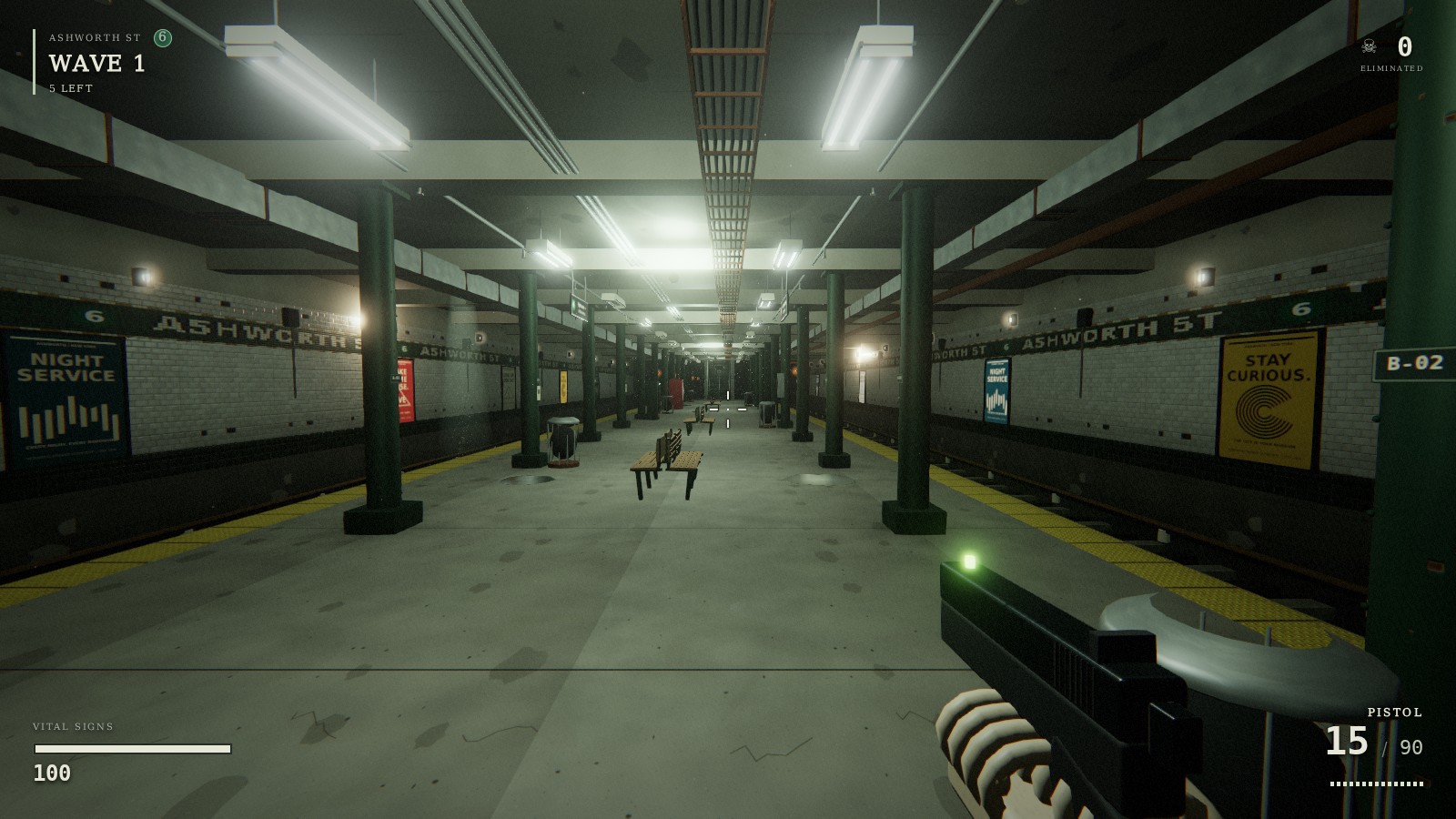 ASHWORTH ST gameplay: a detailed subway platform with fluorescent lighting, tiled walls, and a first-person weapon.