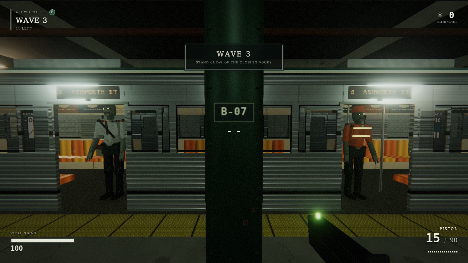 The train doors open onto the platform. Two animated passengers with glowing eyes stand inside.